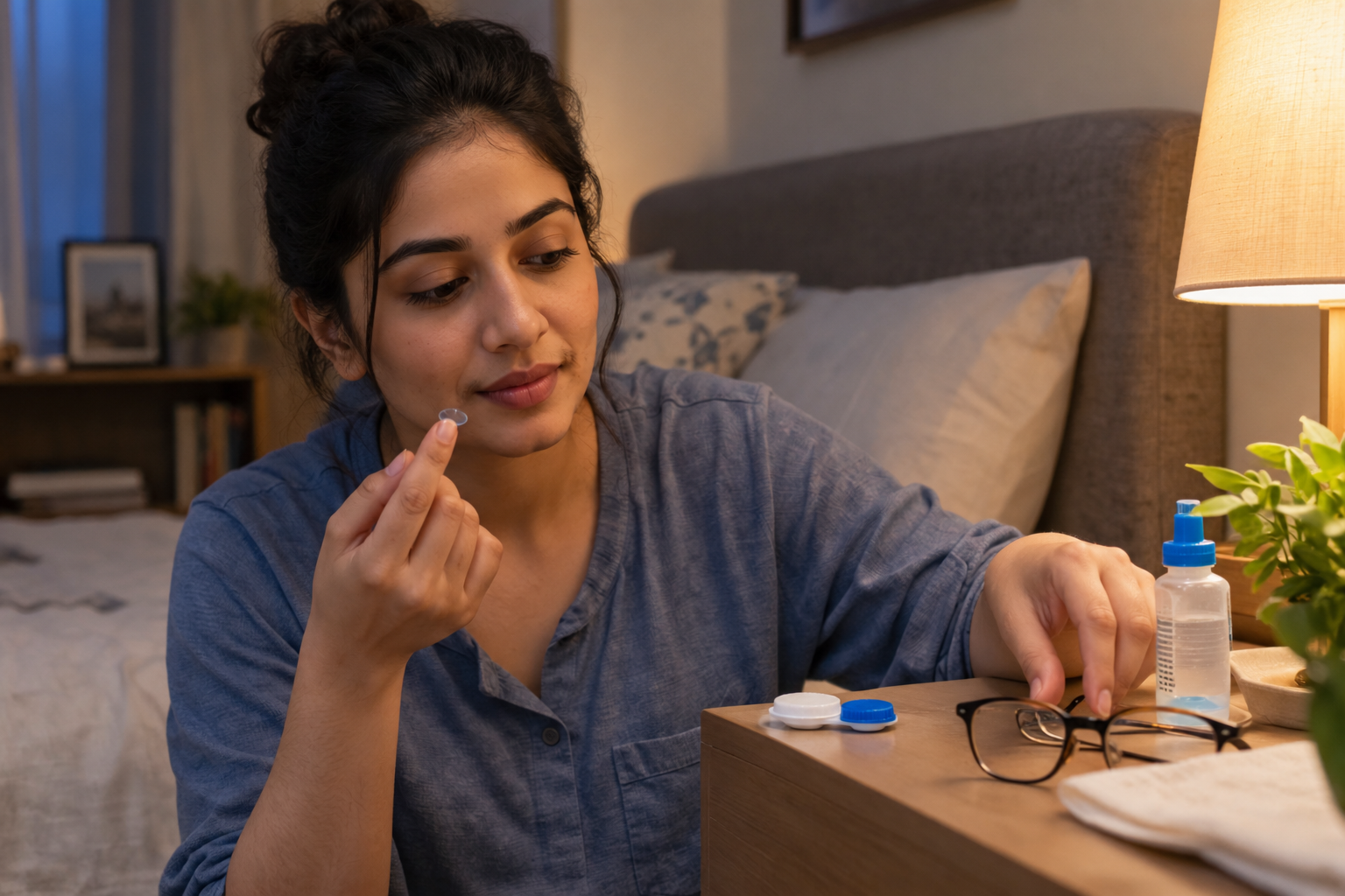 Woman switching from contact lenses to glasses at night