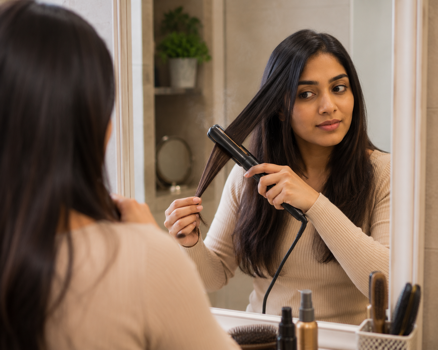 Woman using a hair straightener and looking in the mirror