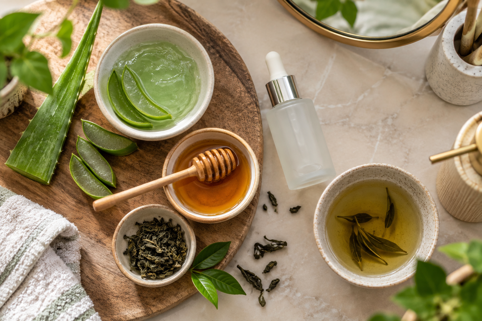 Natural ingredients like aloe vera, honey, green tea and a simple niacinamide for acne mark care