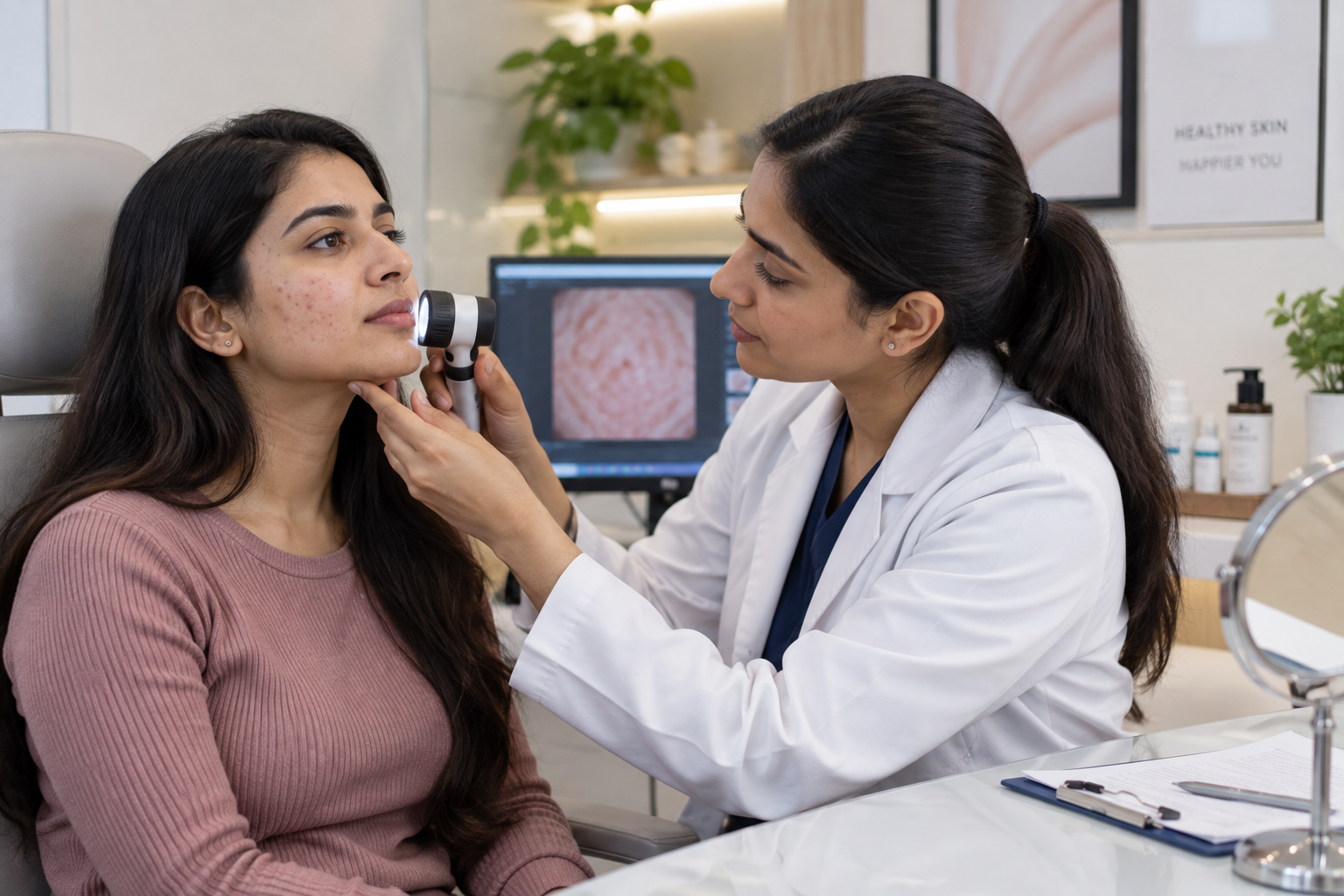 Young woman consulting a dermatologist about acne scars