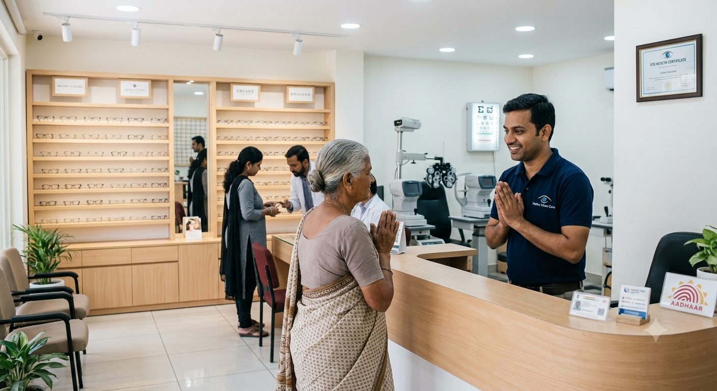 An eye care clinic with a patient approaching a consultation desk