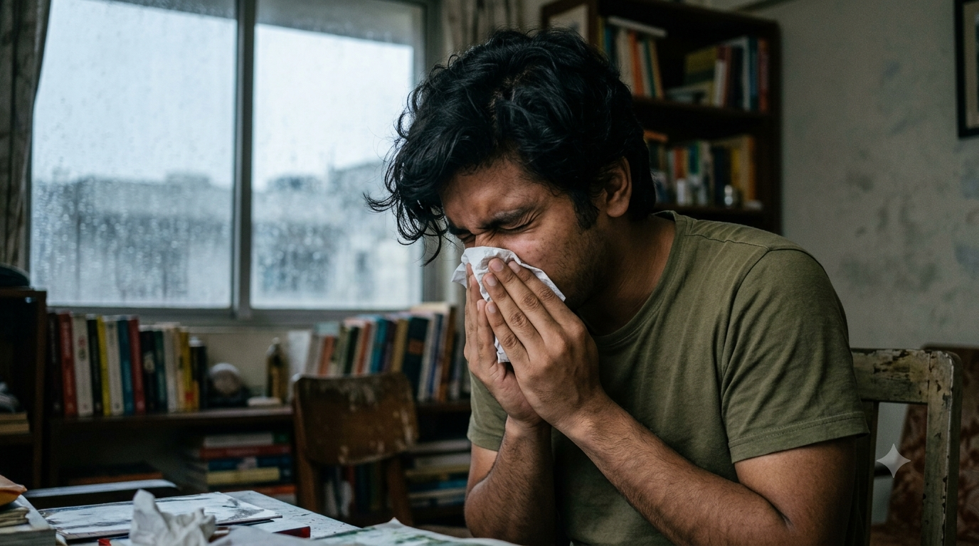 Young Indian man in a green t-shirt sneezing intensely into a tissue