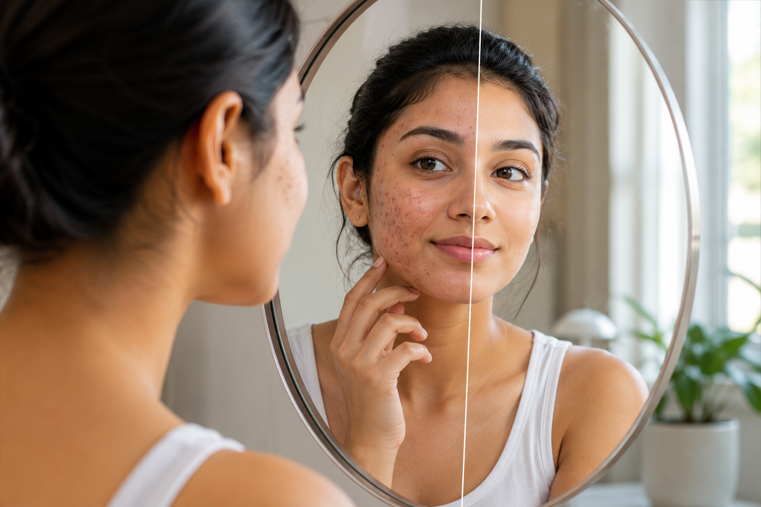 Young adult comparing acne scars and clearer skin in a mirror