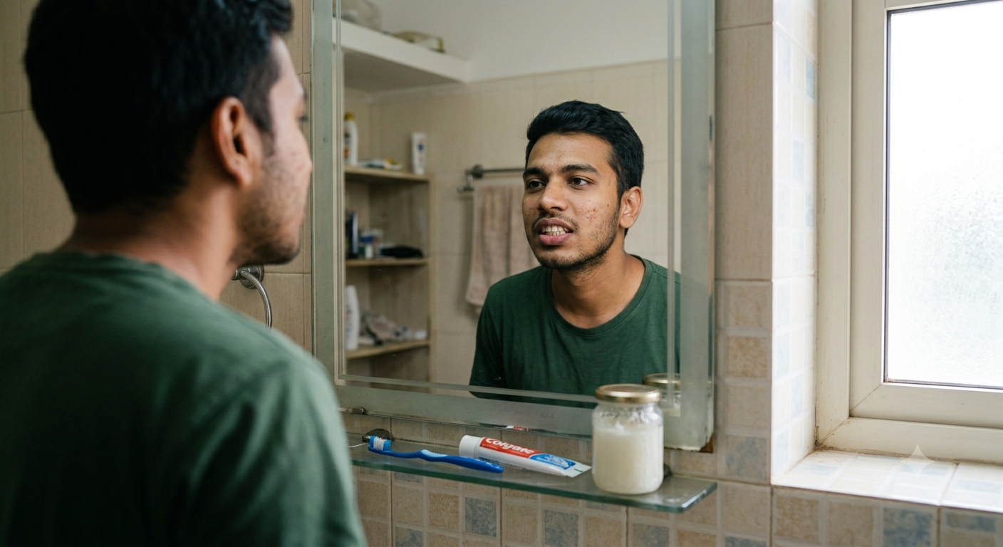 A man examining his smile in a mirror, considering teeth whitening home remedies