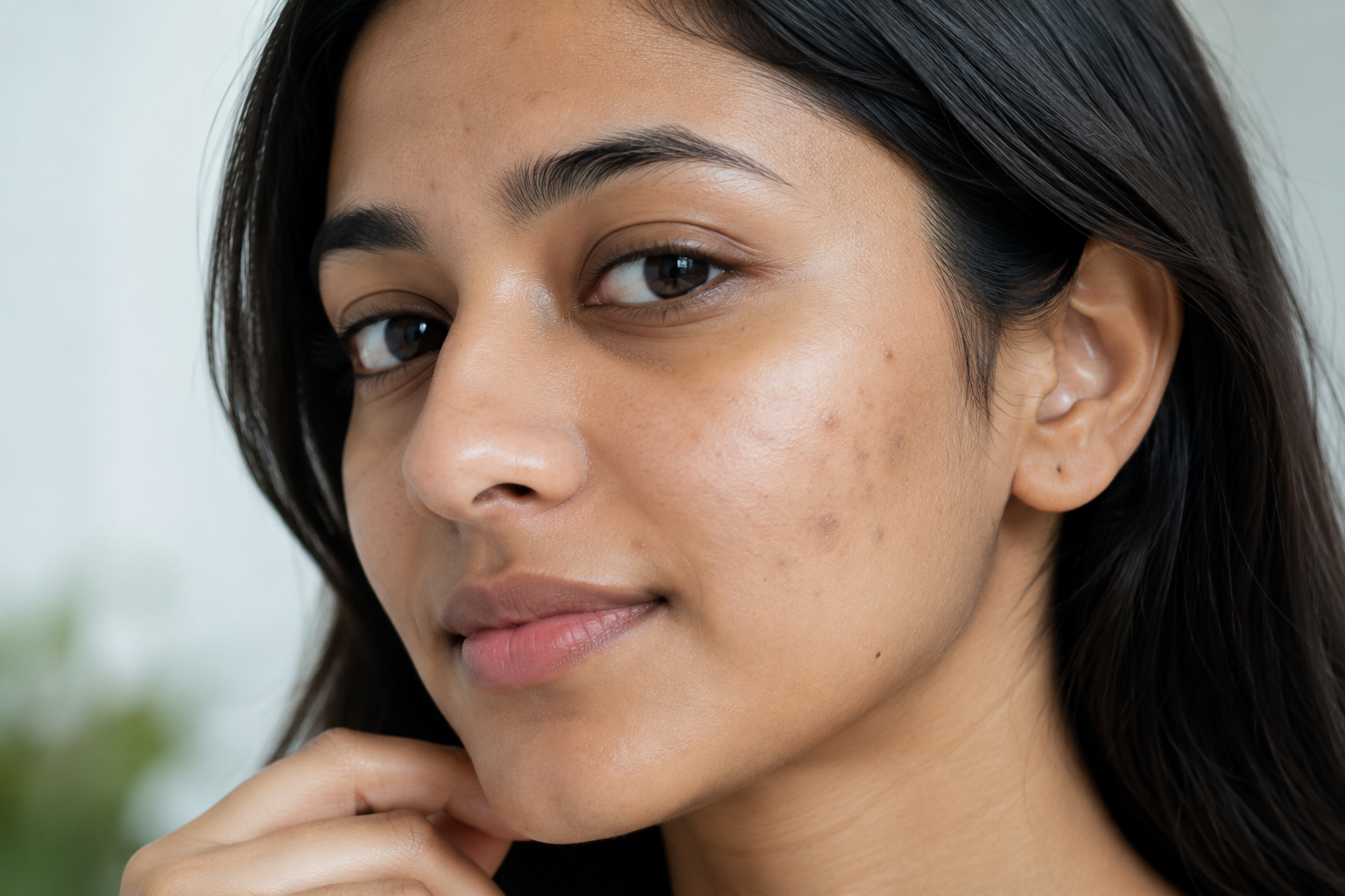 Young woman with blackheads and dark acne marks on her cheek
