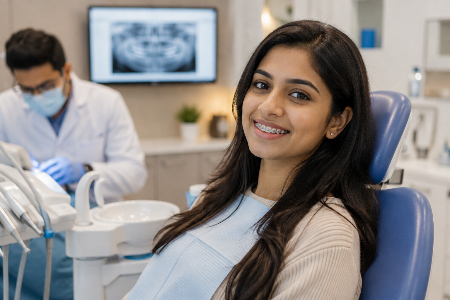 Young woman smiling with braces at a dental clinic