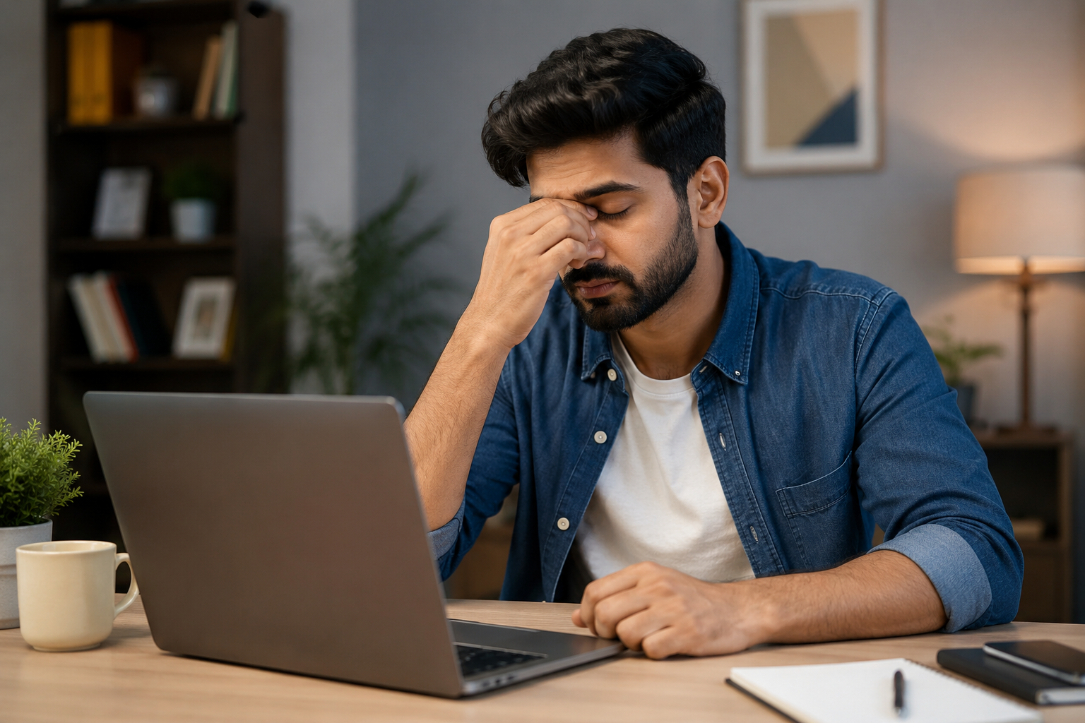 Man experiencing headache behind eyes after screen time