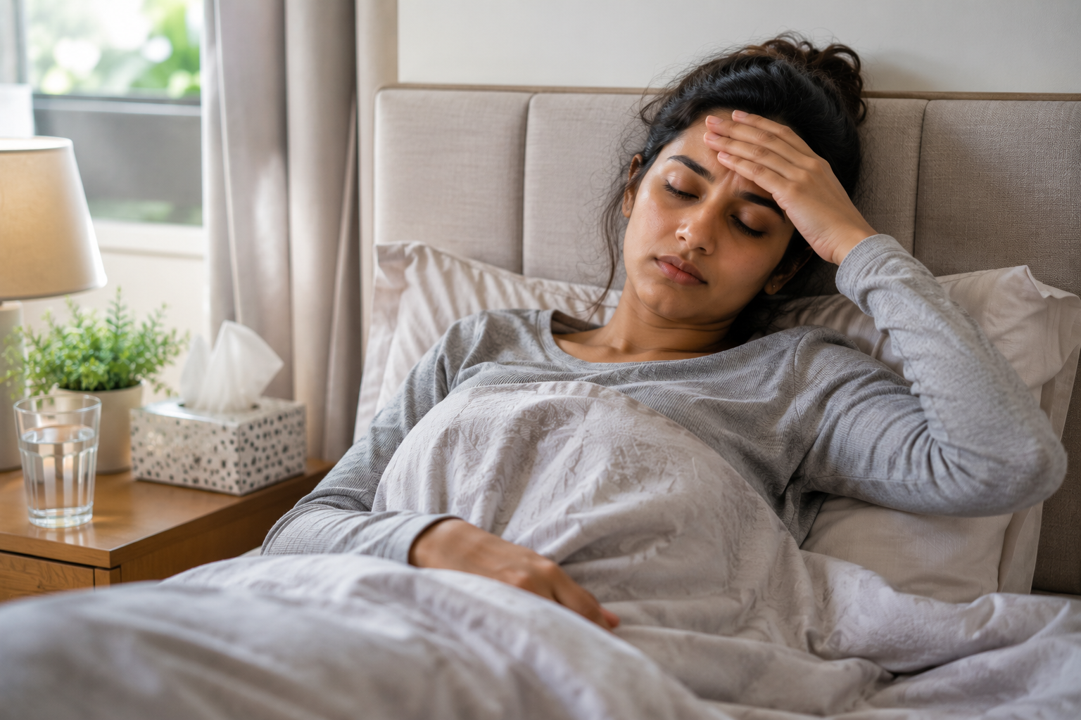 Tired woman resting in bed while recovering from fever