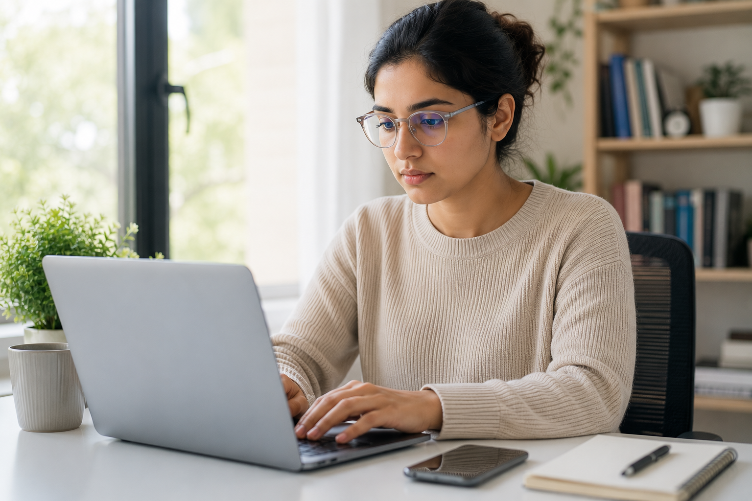 Woman wearing blue light glasses while working on a laptop 