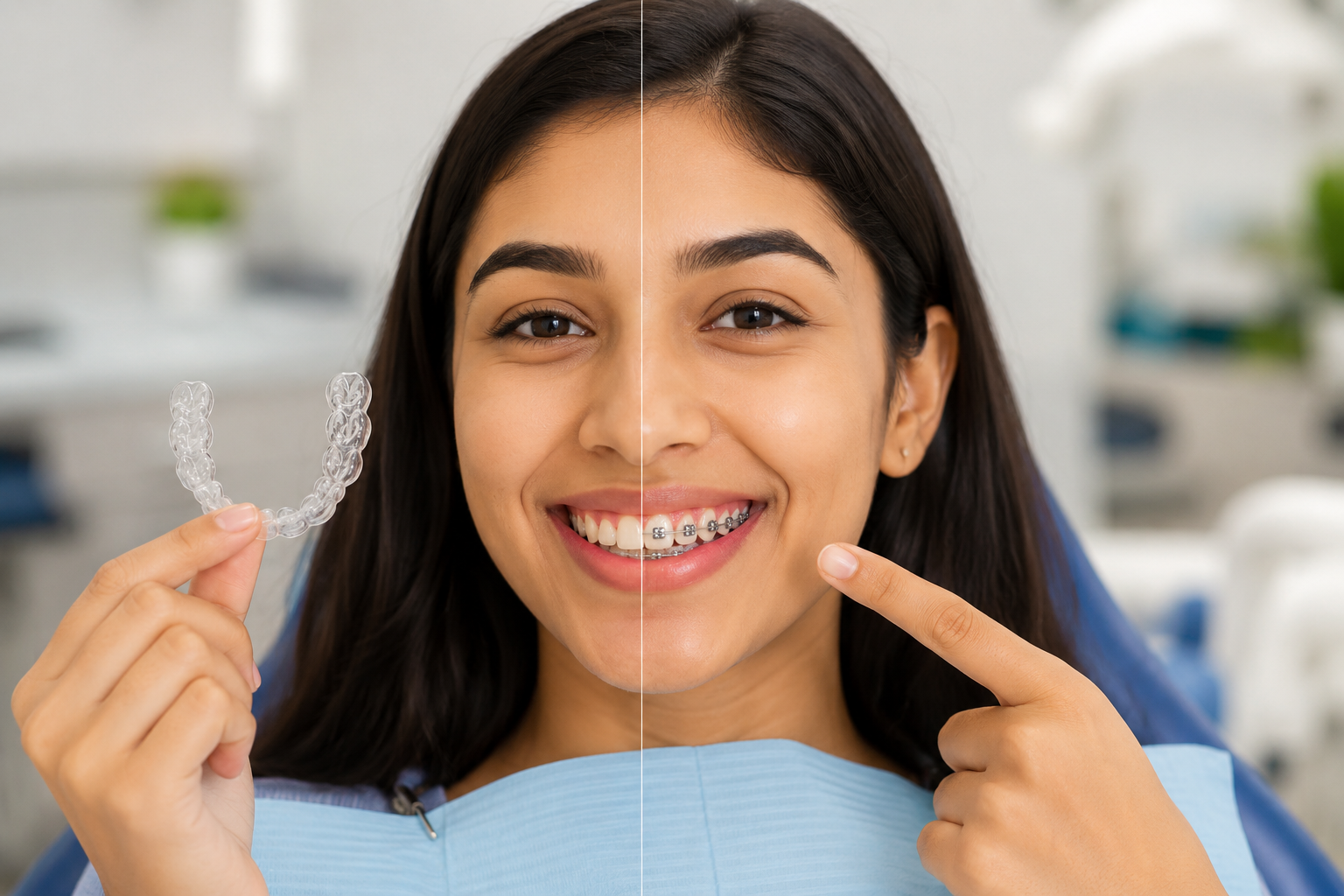 Young adult smiling, with clear dental aligners on one side and traditional metal braces on the other