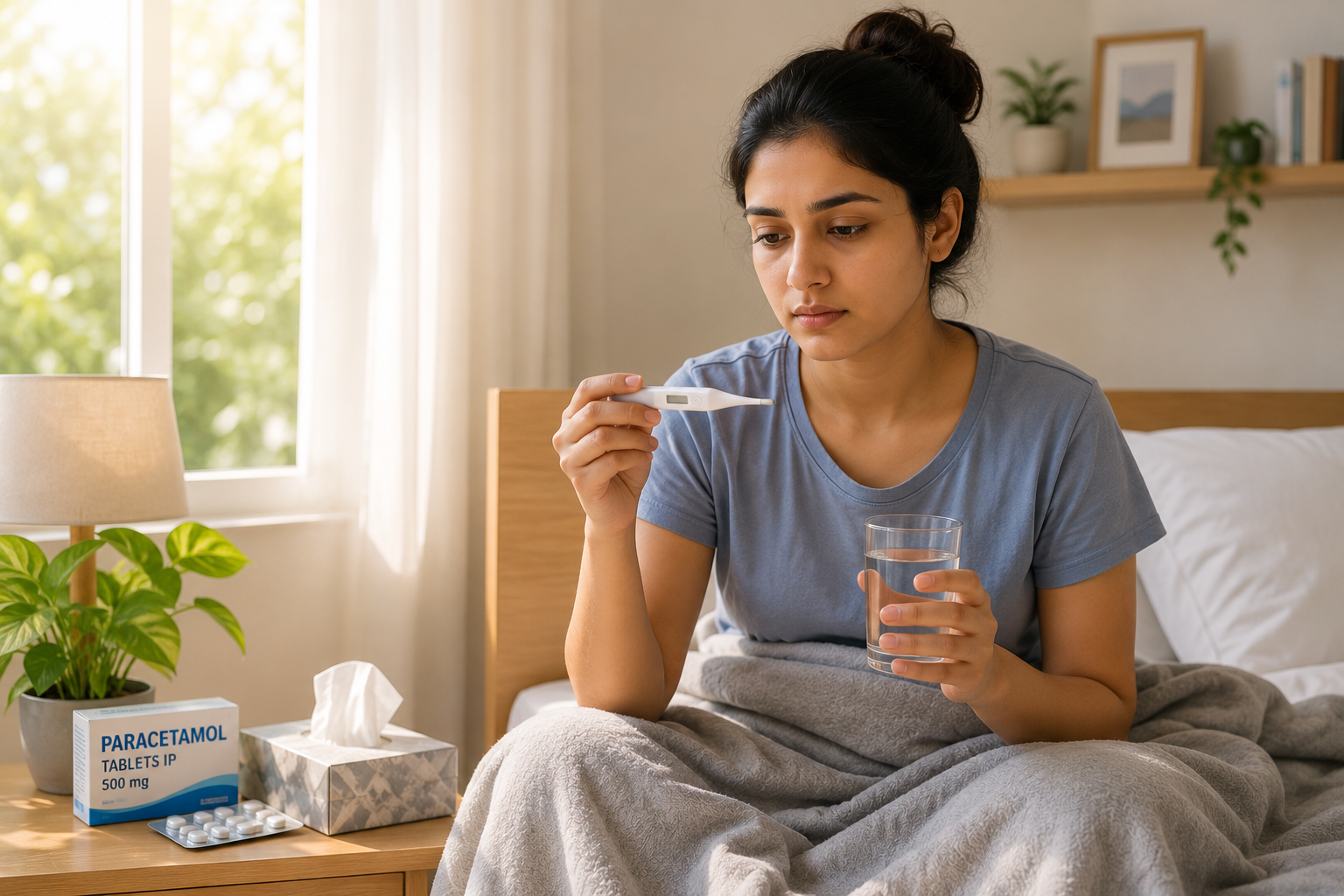 Woman checking fever with a digital thermometer at home