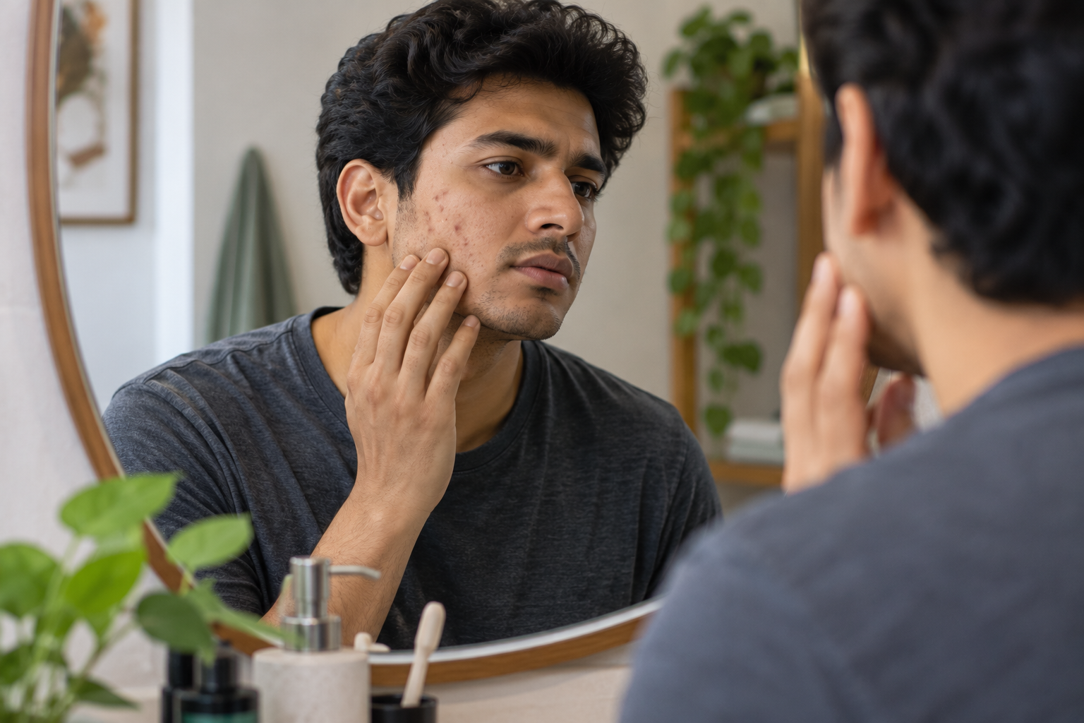 Indian man gently examining mild post-acne marks in a mirror