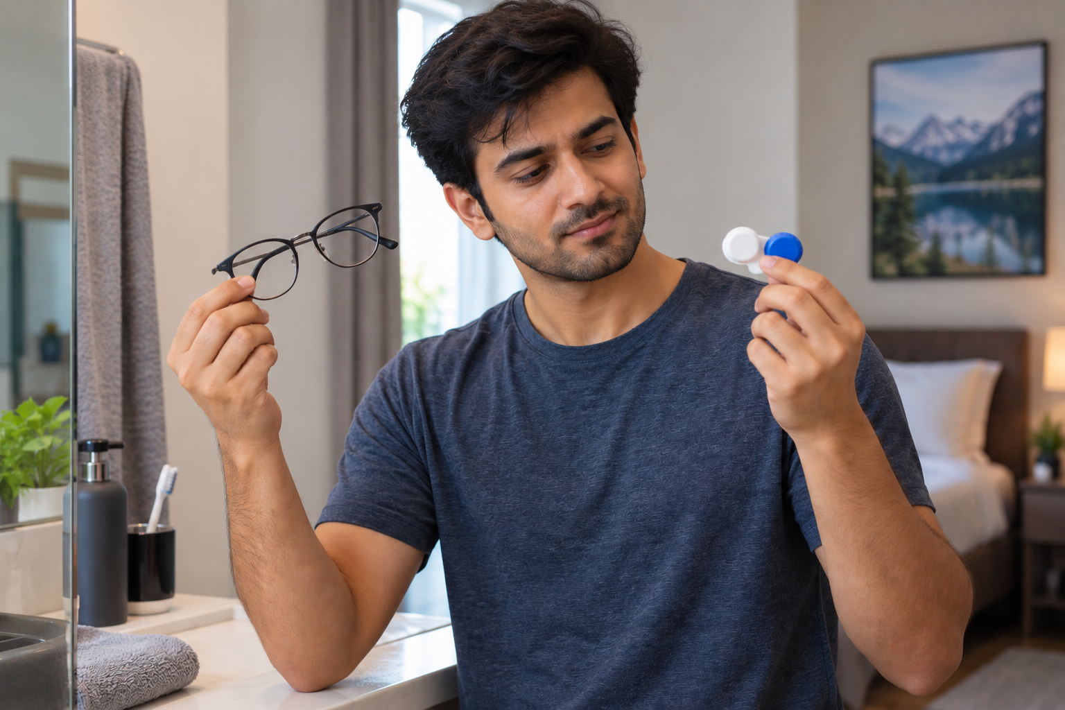 Man choosing between glasses and contact lenses, holding them in each of his hands