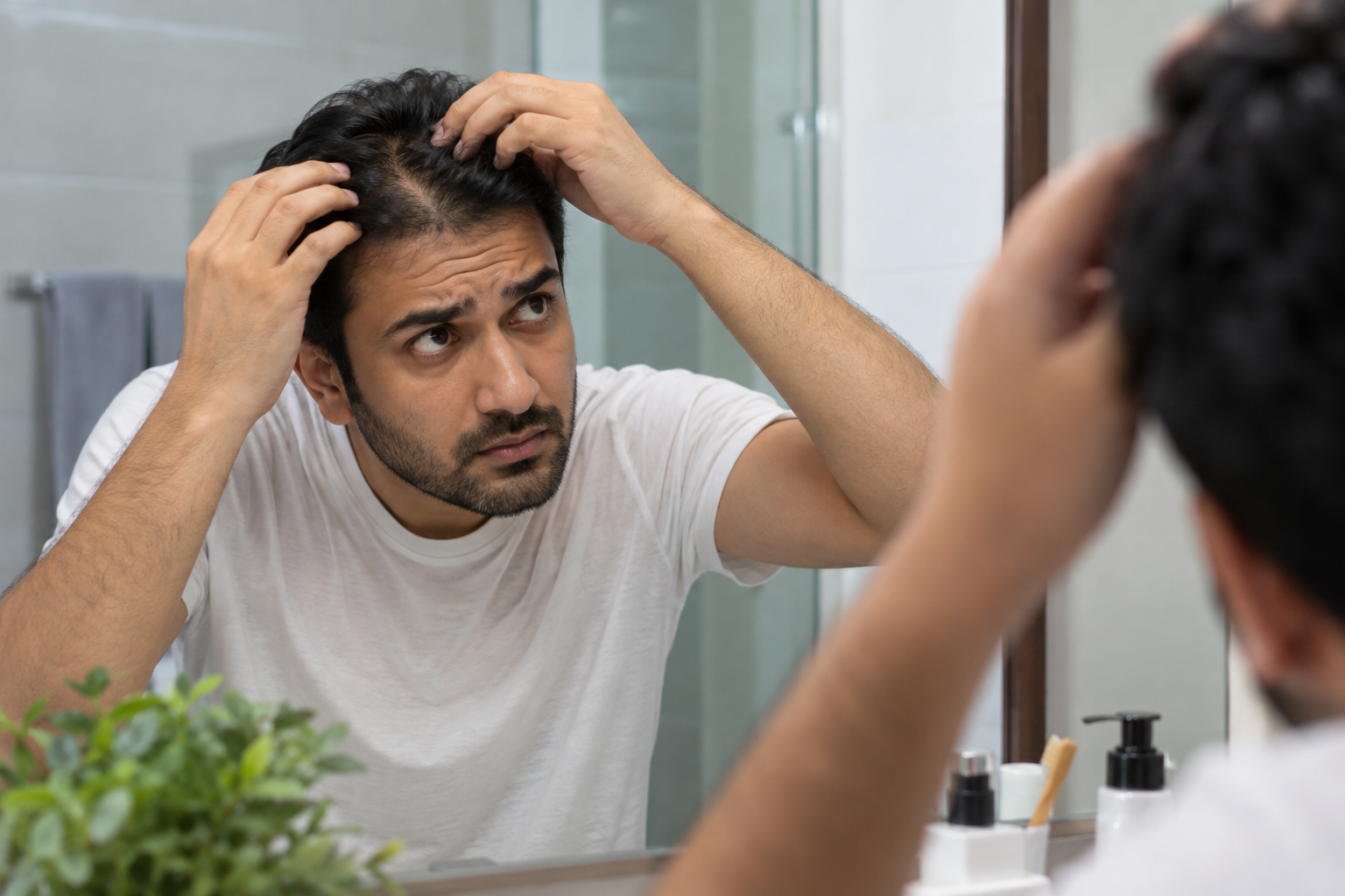 Man checking itchy scalp and hair loss in mirror