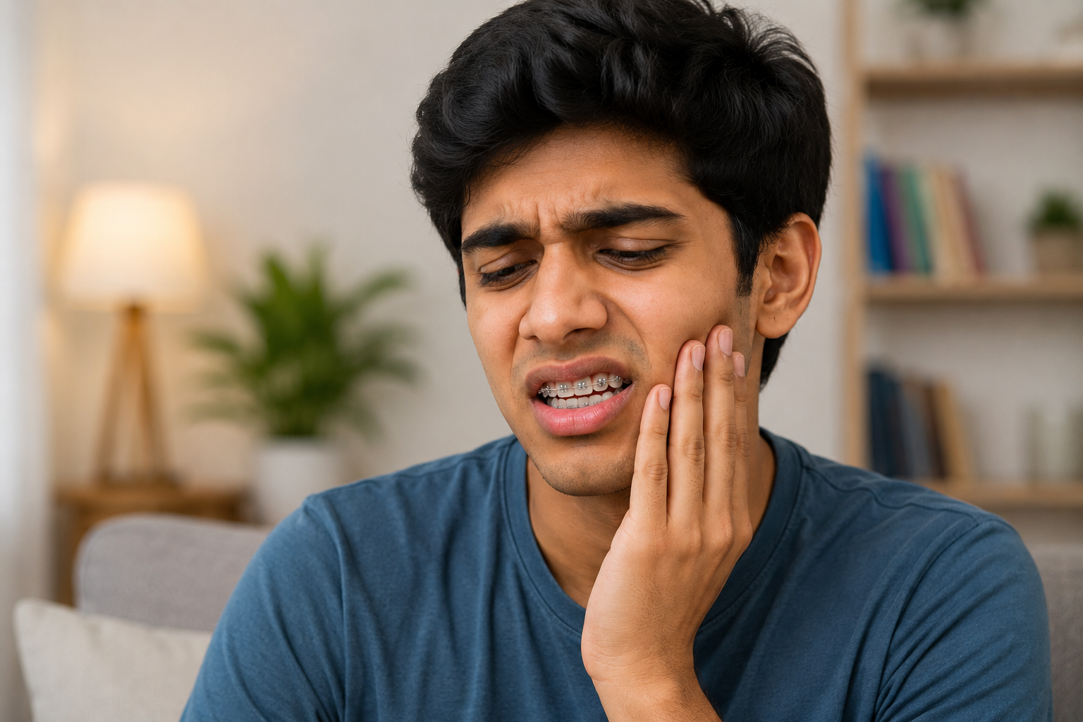 Man with braces experiencing tooth soreness