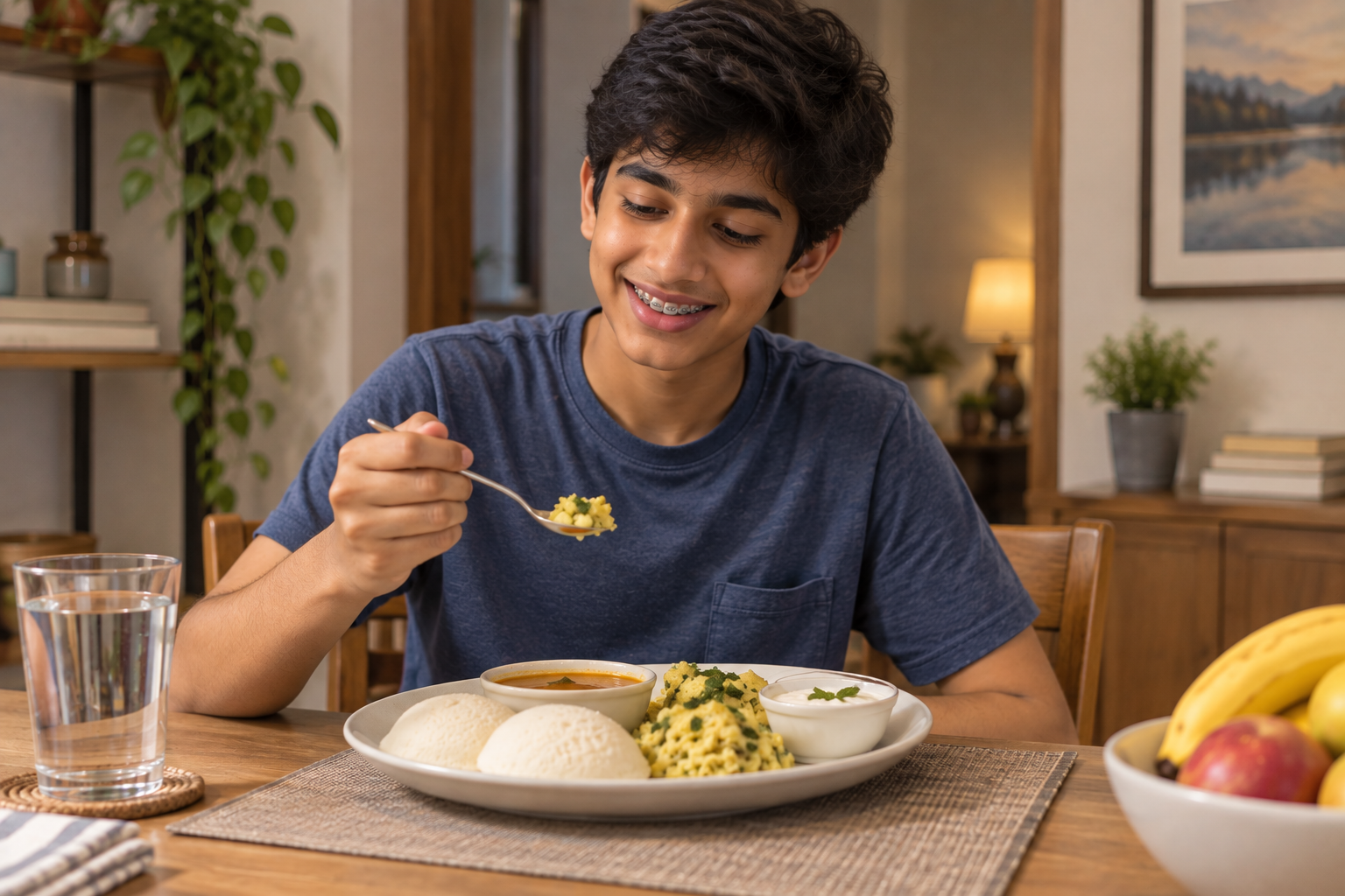 Teenage boy with braces eating a plate of soft South Indian foods 