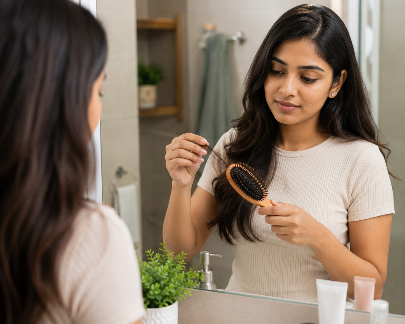 Woman checking loose hair on hairbrush in a mirror