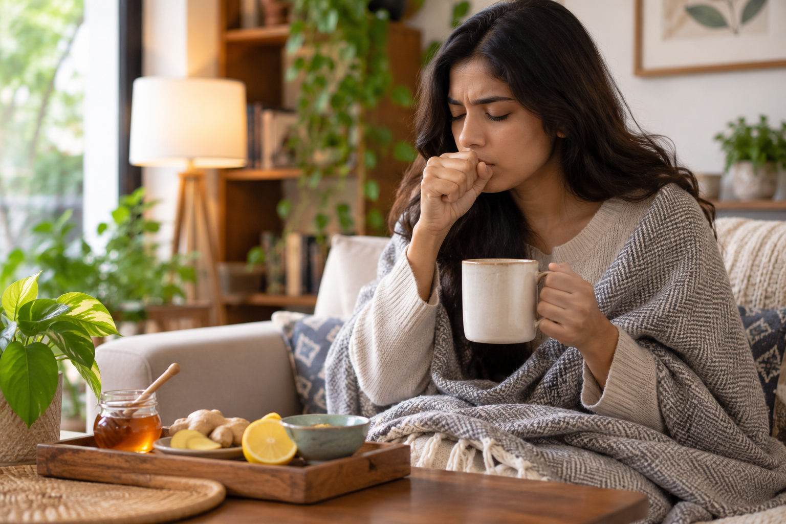 Woman holding a mug with warm beverage while coughing